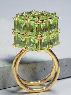 18k Gold Plated Sparkling Huge Crystal Cube Light Green Peridot Cocktail Ring